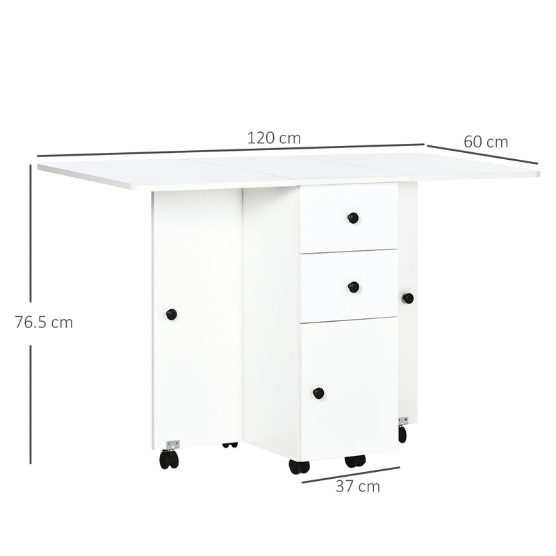 Tavolo a Ribalta per 6 Persone max con 2 Cassetti Armadietto e Ripiano 120x60x76,5 cm in Truciolato Bianco-3