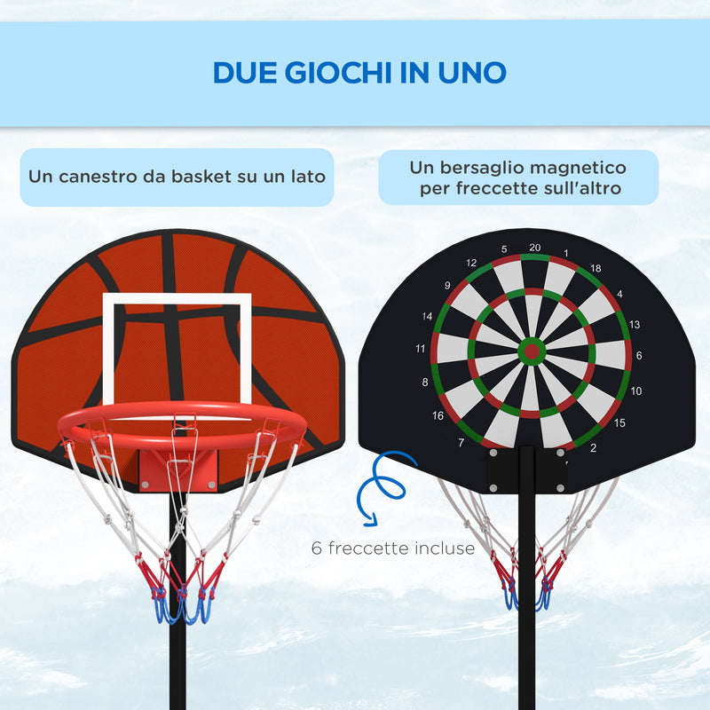 Canestro Basket con Bersaglio Freccette 2 in 1 38,5x48,5x179 cm in Acciaio e PE Nero e Marrone-4