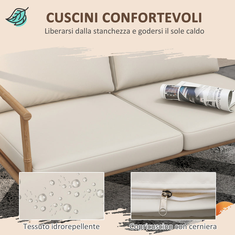 Set Salotto da Giardino con Divano 2 Poltroncine e 2 Tavolini Effetto Bambù con Cuscini Marrone-5