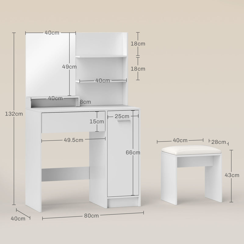 Consolle Trucco con Specchio e Sgabello 80x40x132 cm Bianco   -3