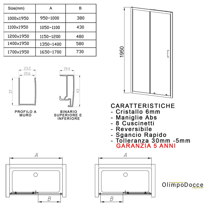 Porta Parete Doccia 1 anta Scorrevole in Cristallo Trasparente 6mm H195 Bonussi Mattia Varie Misure-3