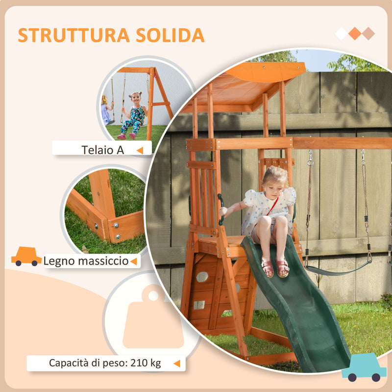 Set con Scivolo 2 Altalene da Giardino e Parete da Arrampicata per Bambini 261x269x228 cm in Legno-5