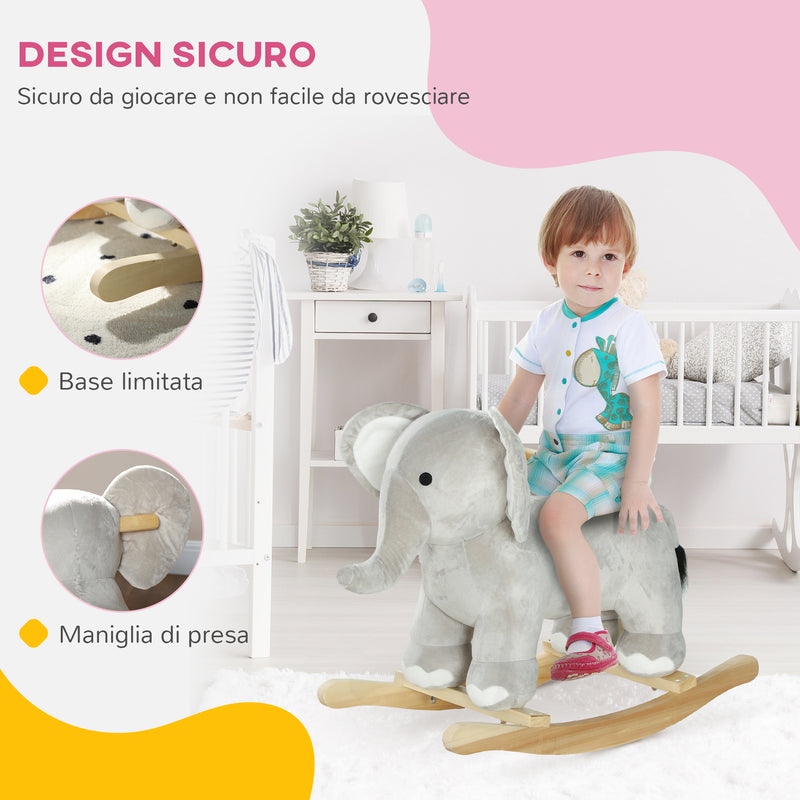 Cavallo a Dondolo per Bambini in Legno e Peluche Elefante Grigio  -5