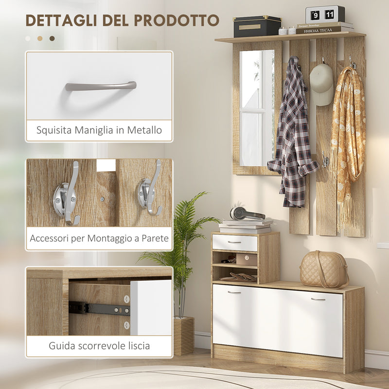 Mobile Guardaroba per Ingresso con Specchio Appendiabiti e Scarpiera Regolabile 90x24x177 cm Bianco e Quercia  -5