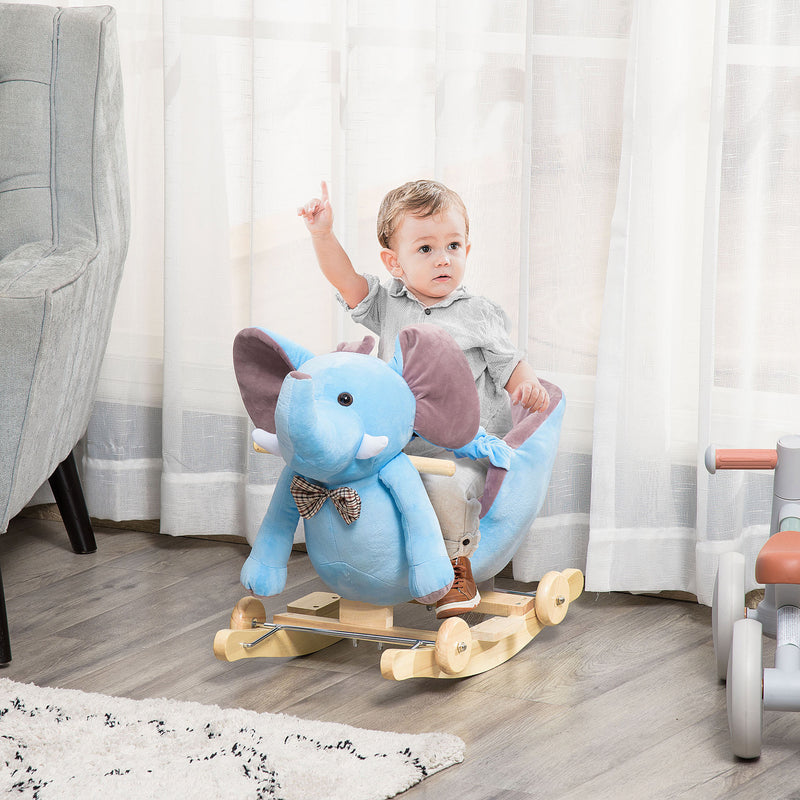 Cavallo a Dondolo per Bambini in Legno e Peluche Elefante Blu    -2