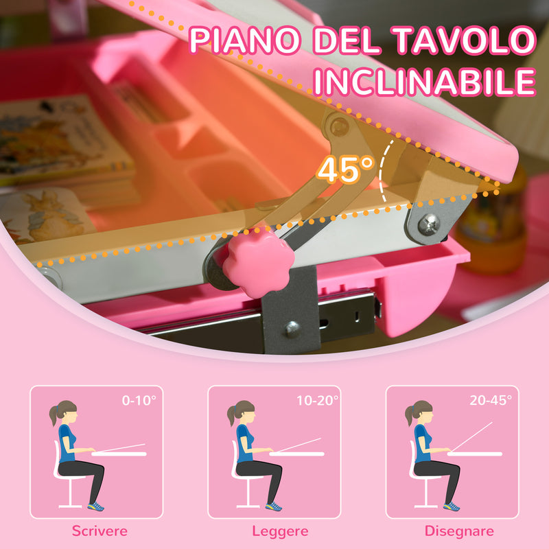 Banco Scuola per Bambini Piano Inclinabile e Sedia Regolabile 66x47x52-77 cm Rosa -7