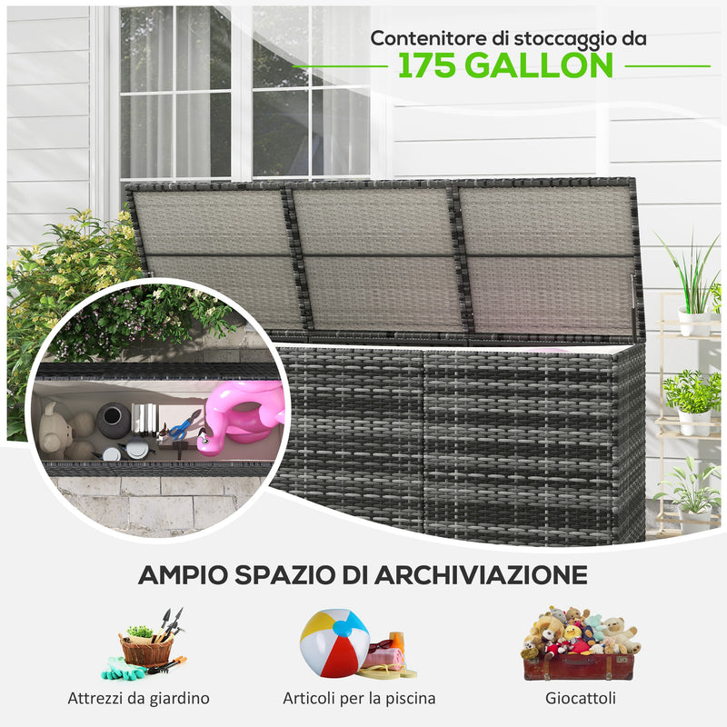 Panca Contenitore Rialzata con Fodera Interna 180x60x73 cm in Acciaio e Rattan Grigio e Crema-4