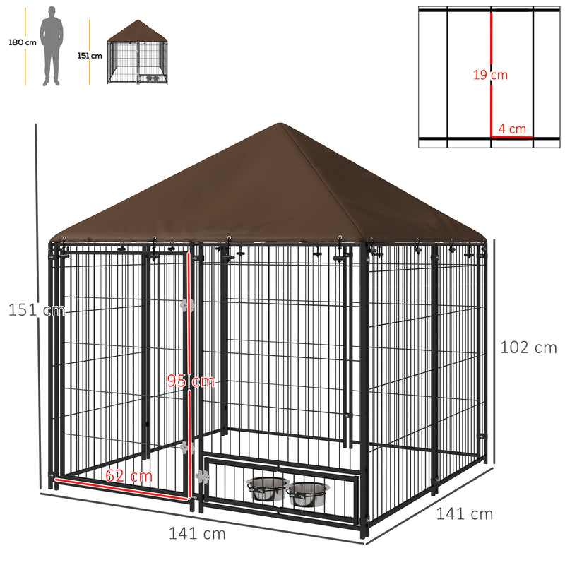 Recinto per Cani con Porticina per Ciotole 141x141x151 cm in Metallo e Tessuto Oxford Nero e Marrone-3