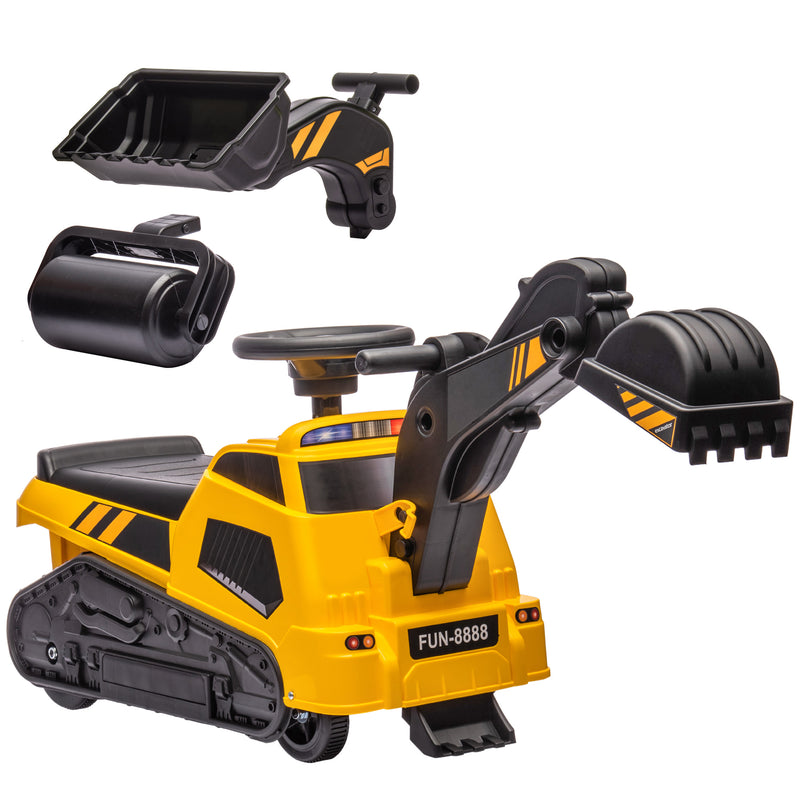 Escavatore Ruspa Cavalcabile per Bambini 3 in 1 100x43x48,5 cm con Volante e Benna di Scavo Giallo e Nero-1