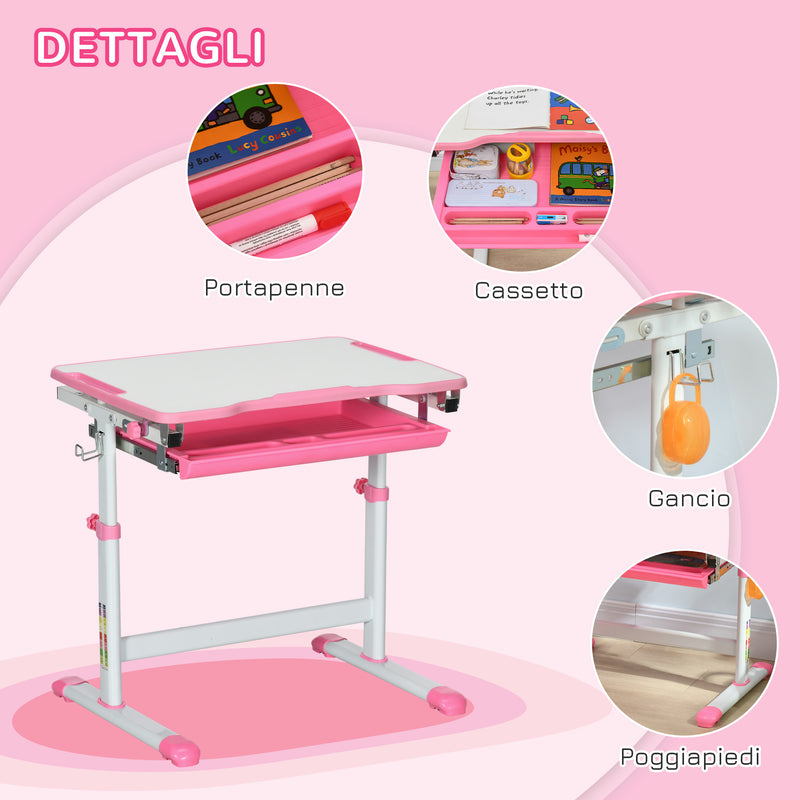 Banco Scuola per Bambini Piano Inclinabile e Sedia Regolabile 66x47x52-77 cm Rosa -5