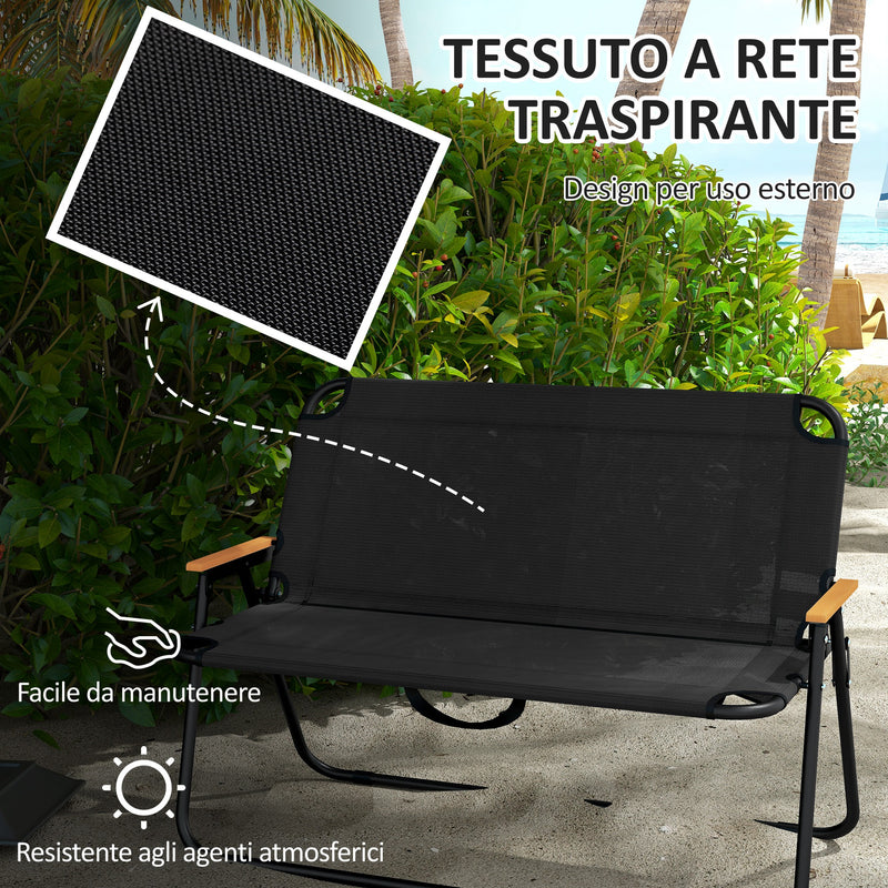 Sedia Panchina da Campeggio 2 Posti Pieghevole 108x65x73cm in Acciaio e tessuto Oxford Nero-5