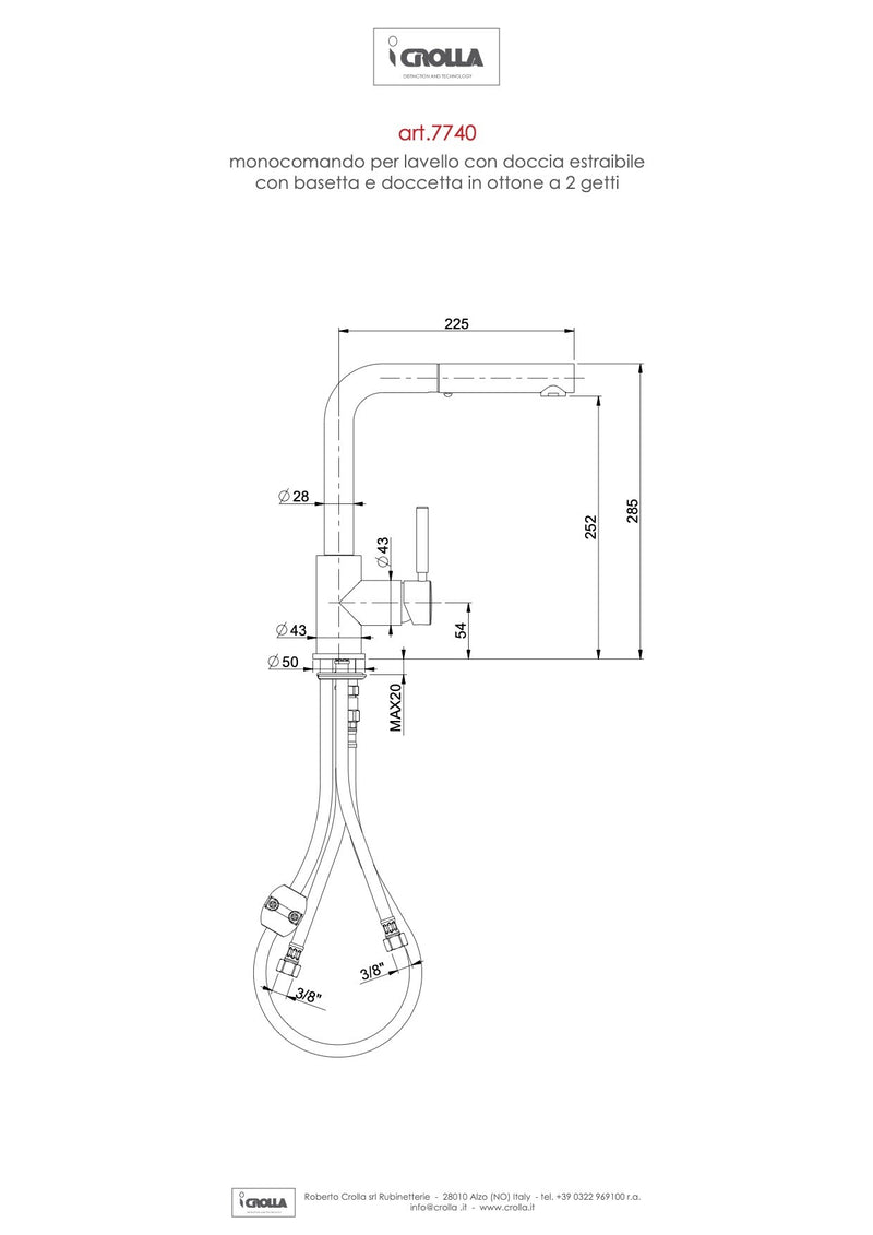 Rubinetto Miscelatore Monocomando Lavello Alto con Doccetta in Ottone Cromato Bonussi-3