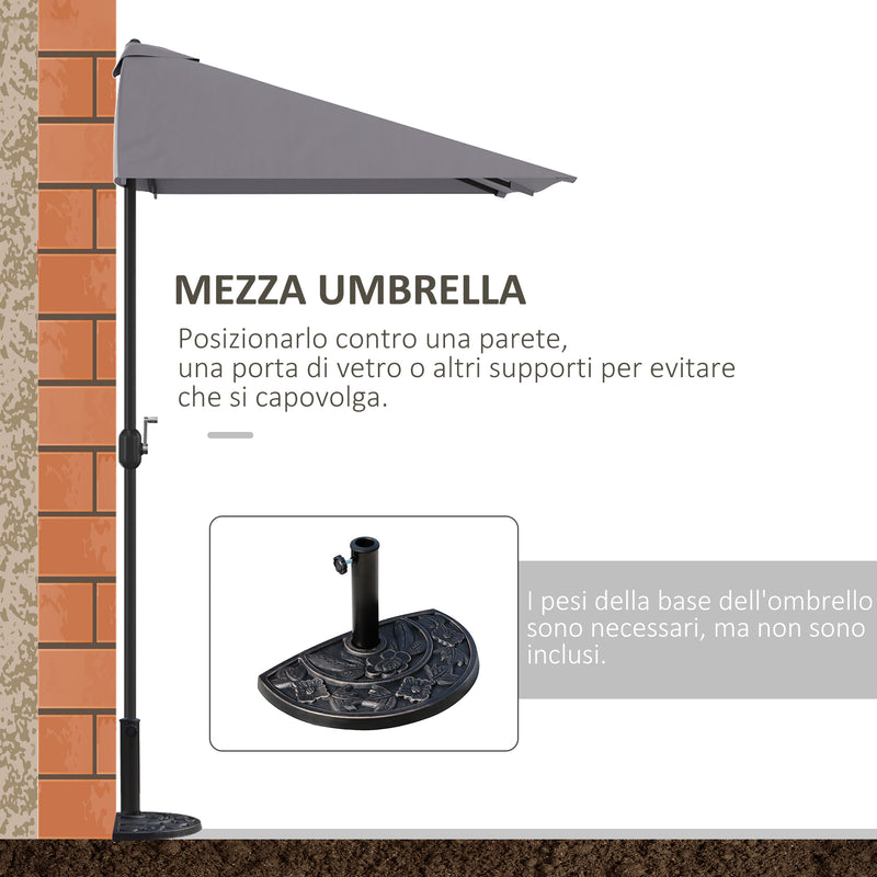 Mezzo Ombrellone da Giardino Mezzaluna 230 x130x245 cm con Apertura a Manovella Grigio-4