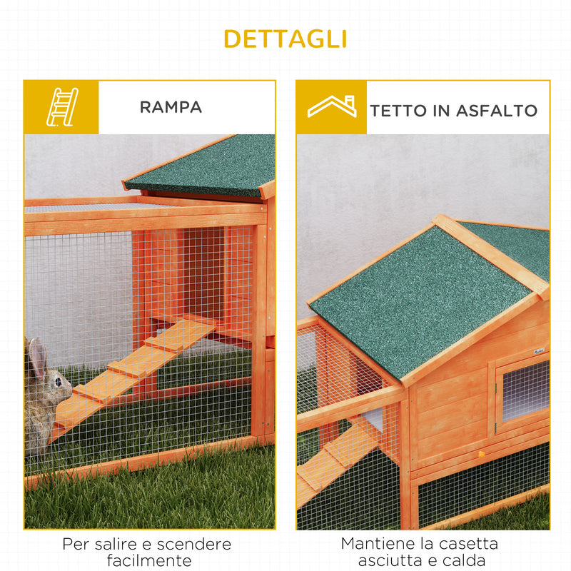 Conigliera da Esterno Casetta Rampe e 2 Recinti 309x69,5x87 cm in Legno Arancione  -7