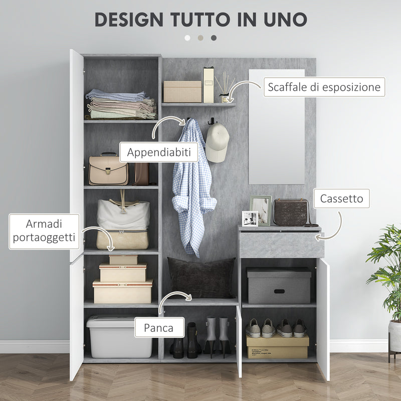 Mobile Guardaroba per Ingresso con Specchio Appendiabiti e Armadio 145x29x184 cm Grigio e Bianco  -4