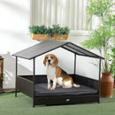 Casetta per Cani Rialzata con Cuscino Sfoderabile 117x85x89 cm in Rattan PE e Acciaio Grigio e Marrone-2