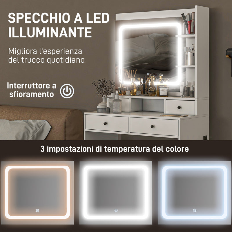 Consolle Trucco con Luci LED 3 Tonalità Specchio e Prese USB 90x45x160 cm Bianco  -4