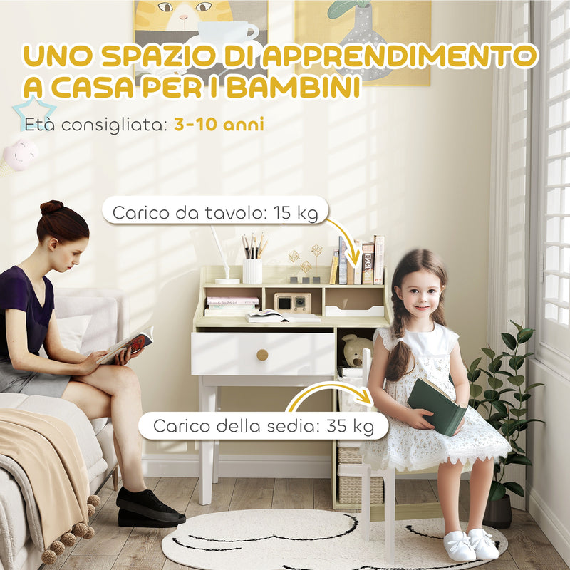 Banco Scuola per Bambini con Scaffali e Cassetto Bianco e Legno   -6