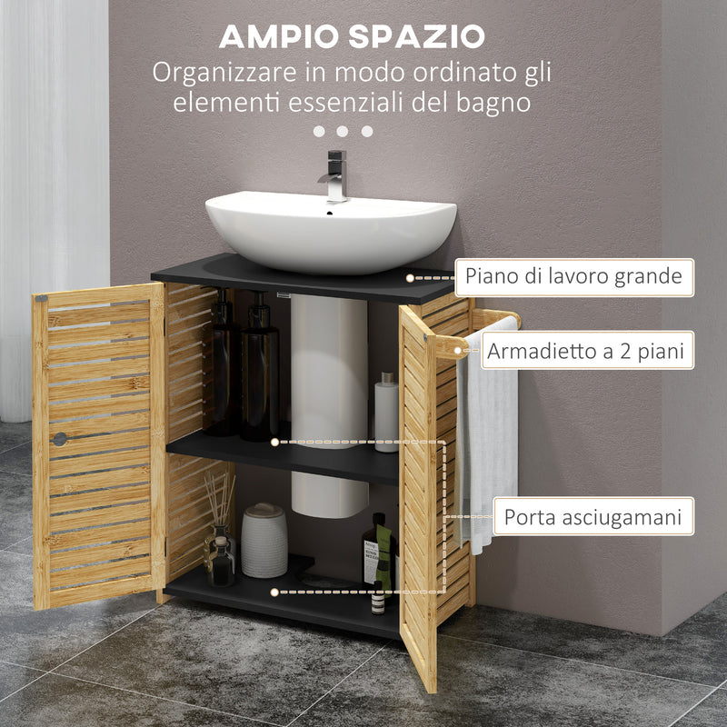 Mobile Sottolavello da Bagno 60,5x30,5x69,5 cm 2 Ante a Doghe Porta Asciugamani e Intaglio a U Legno e Nero -5