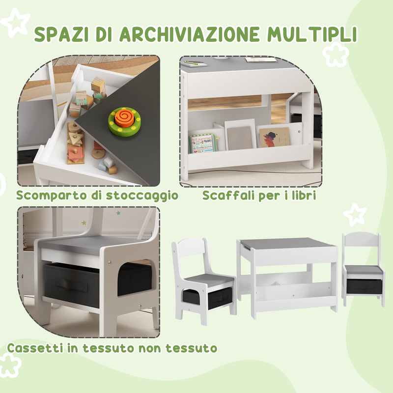 Set Tavolino per Bambini e 2 Sedie Piano del Tavolo 2 in 1 con Lavagna e Contenitori Grigio-6