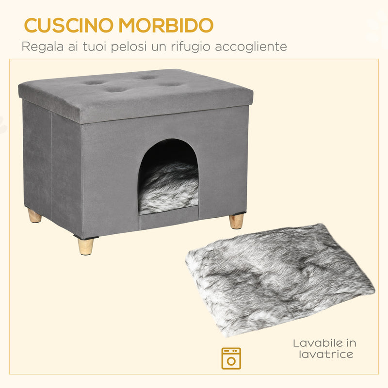 Casetta per Gatti Pouf Poggiapiedi Imbottito 60x45x44,5 cm con Cuscino Rimovibile e Lavabile Grigio-7