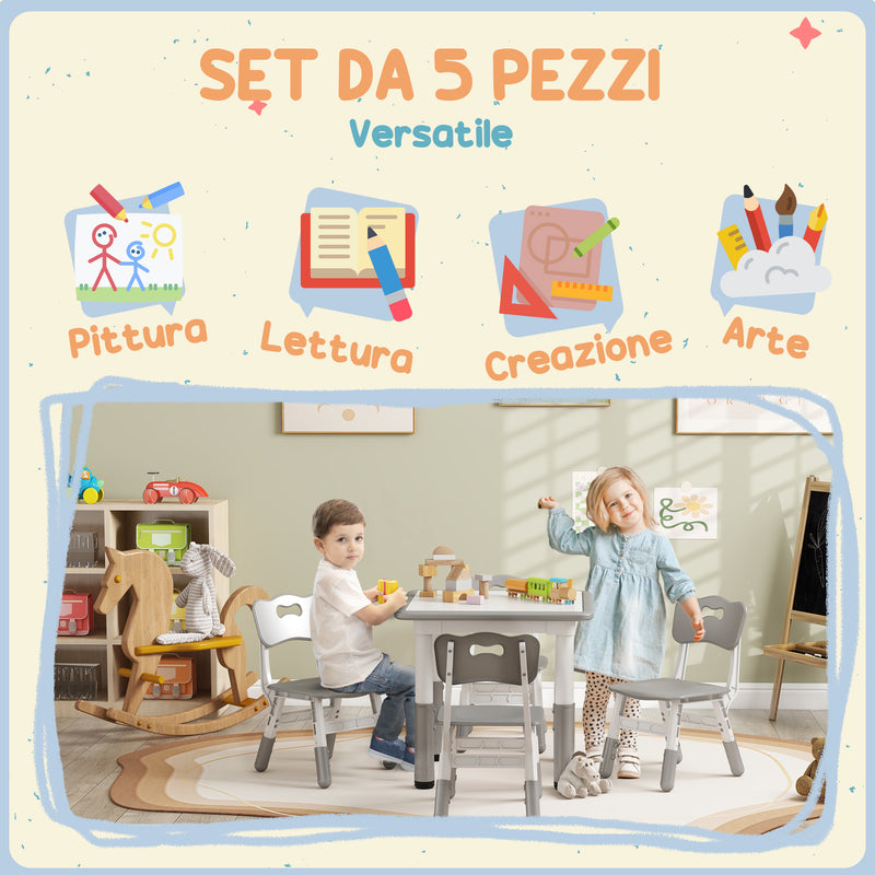 Set Tavolo con 4 Sedie per Bambini Altezza Regolabile Grigio  -5