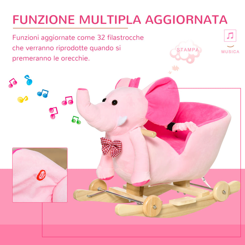 Cavallo a Dondolo per Bambini in Legno e Peluche Elefante Rosa    -5