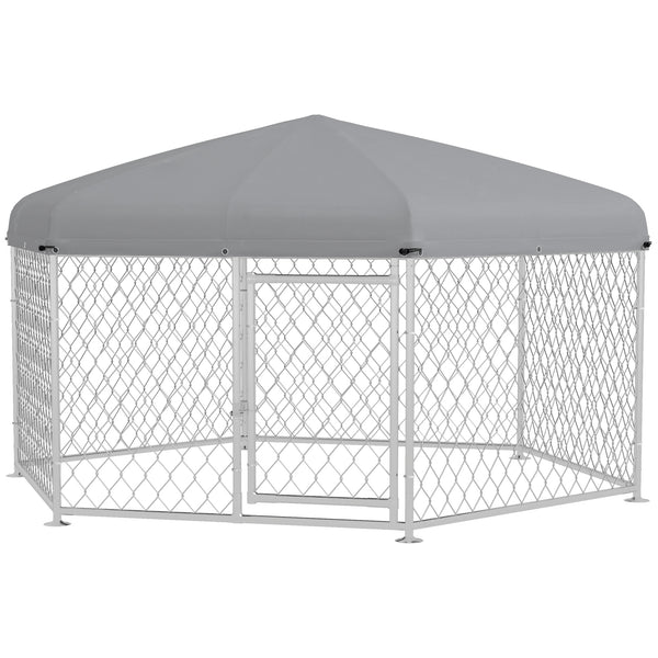 Recinto per Cani Taglia Grande 2,1x1,85x1,5m Tetto in Tessuto Oxford Anti UV Argento e Grigio online