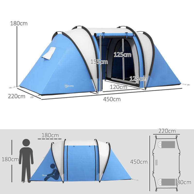 Tenda da Campeggio 2 Posti Impermeabile con 2 Stanze Borsa di Trasporto 220x450x180 cm in Poliestere Blu-3