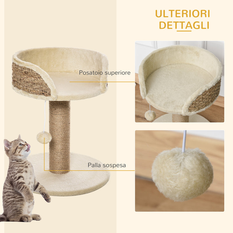 Albero Tiragraffi per Gatti con Lettino 40x40x49 cm Palo in Juta e Pallina Appesa Beige-5