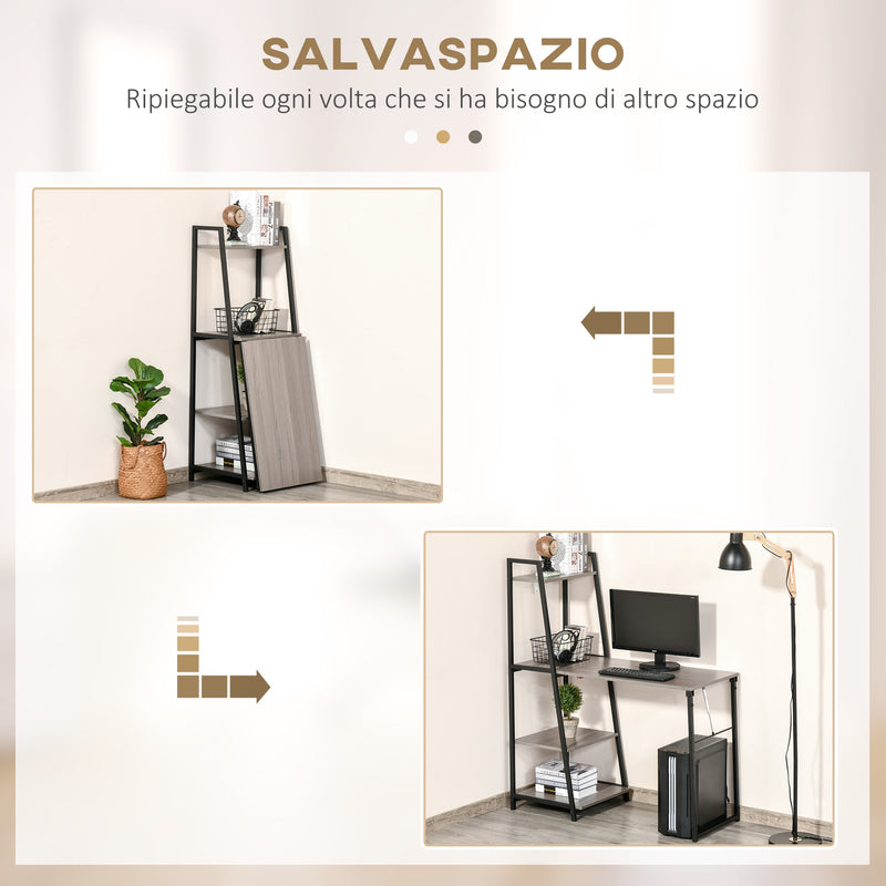 Scrivania Salvaspazio Pieghevole con Libreria 4 Livelli 106x48x128 cm in Legno e Metallo Grigio e Nero -4