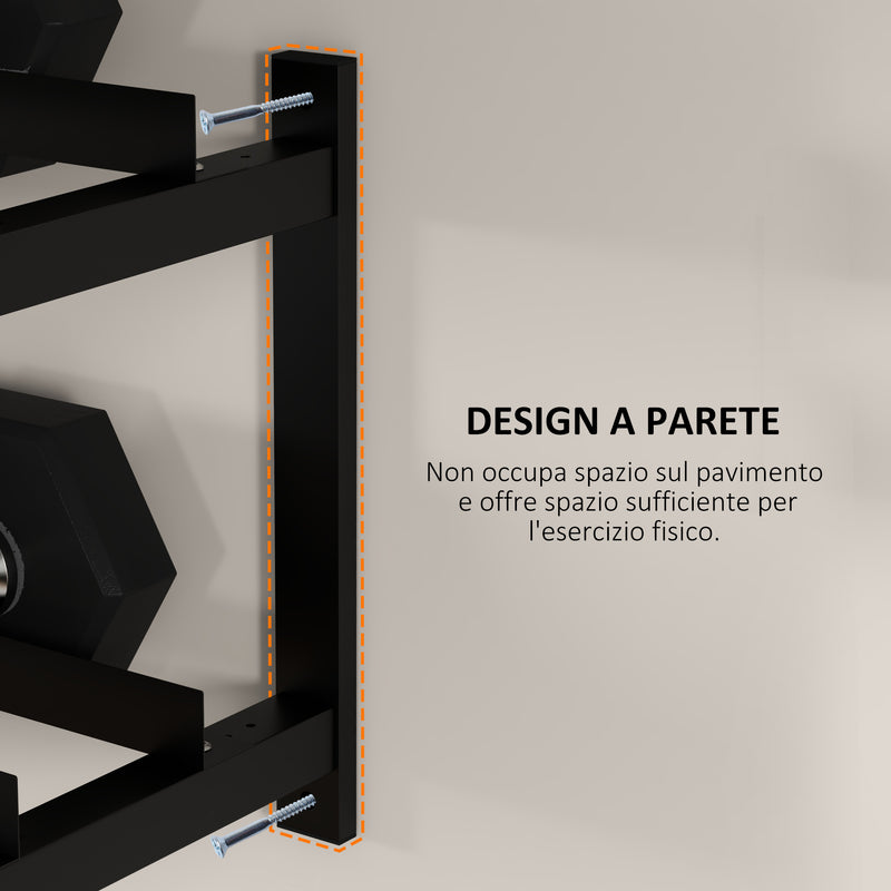 Rastrelliera Porta Manubri a 2 Livelli a Parete per 70kg max 98x40x35 cm in Acciaio Nero-4