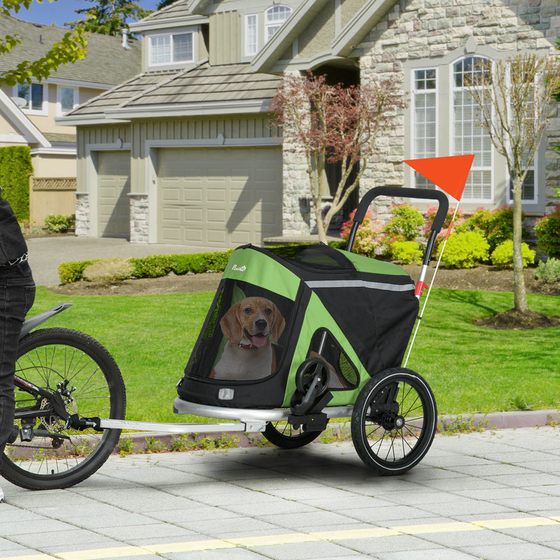 Carrello Rimorchio per Cani da Bicicletta 2 in 1 Pieghevole con Catarifrangenti e Bandierina Verde-2