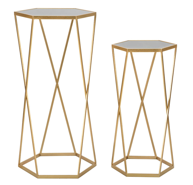 Set 2 Tavolini Esagonal Ø50 cm e Ø40 cm in Ferro e MDF Oro-1