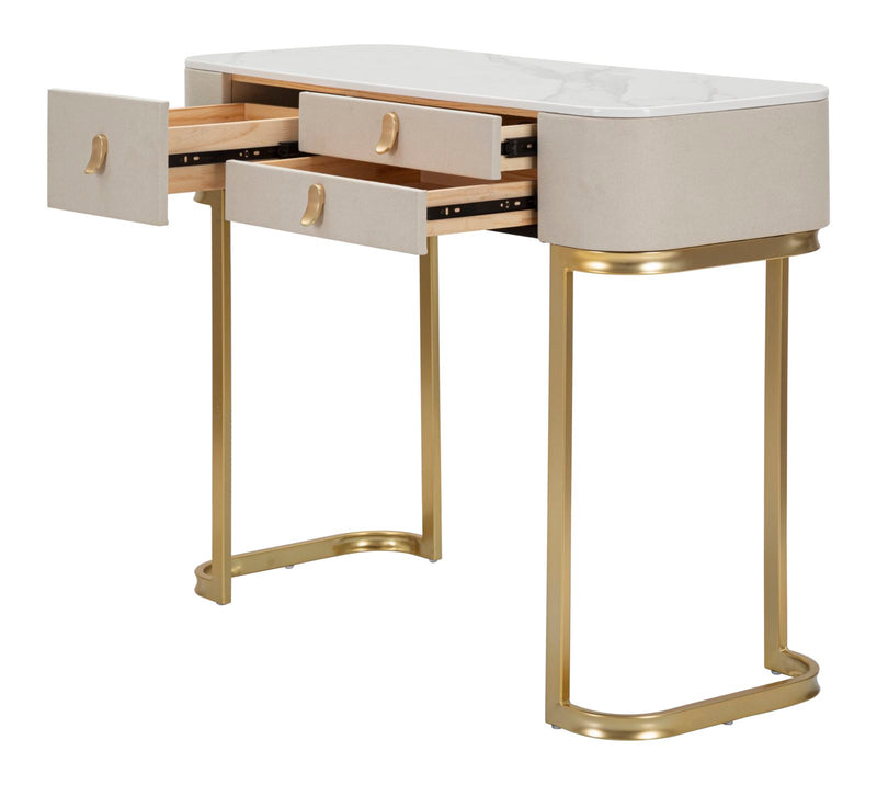 Console Fissa 3 Cassetti Beauty 100x80x40 cm in Legno MDF e Metallo Crema/Oro-3