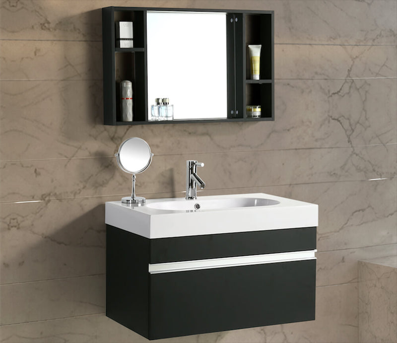 Mobile Bagno Sospeso 90 cm in MDF con Specchiera Vorich Idea Nero-3