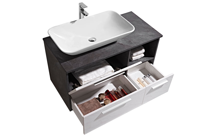 Mobile Bagno Sospeso 120 cm Lavabo e Specchio London Bianco Effetto Pietra-6