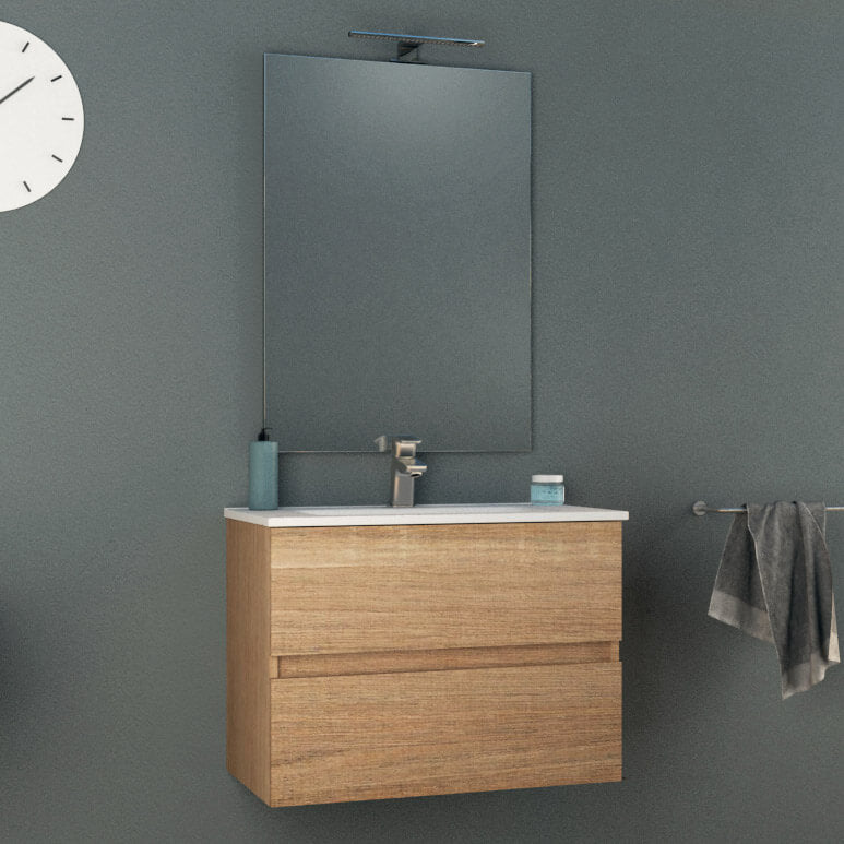 Mobile Bagno Sospeso 74 cm Lavabo e Specchio Tavassi Giove Rovere Chiaro-1