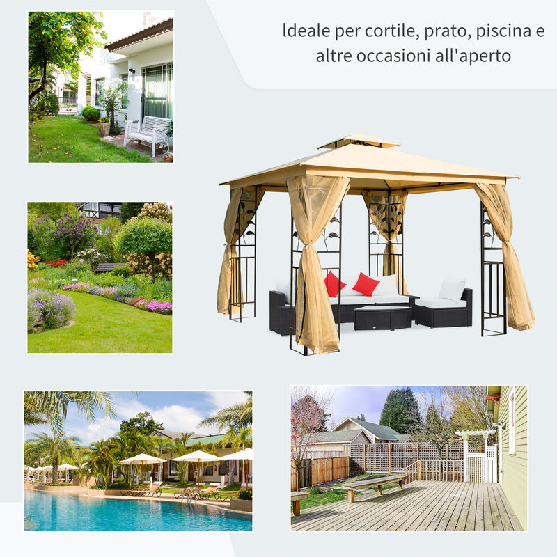 Gazebo da Giardino di Lusso 3x3m in Metallo con Zanzariera Panna -7