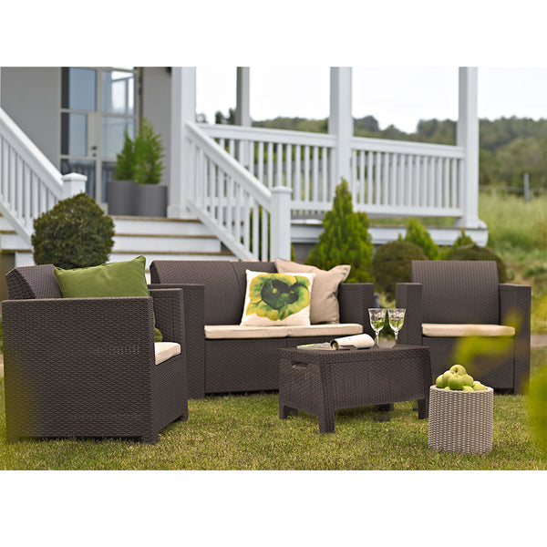 Wohnzimmer-Sofagarnitur mit Sesseln und Couchtisch aus stoßfestem Harz für Gartenmöbel in brauner Farbe sconto