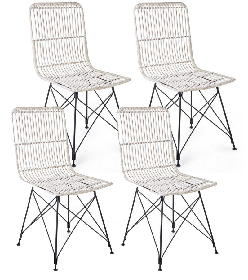 Set 4 Sedie 45x55x85 cm Metal Rattan in Fibre Naturali Bianco-1