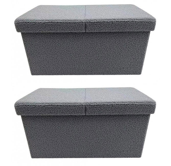 Set 2 Pouf Contenitore 76x38x38 cm Joris in Bouclè Grigio-1