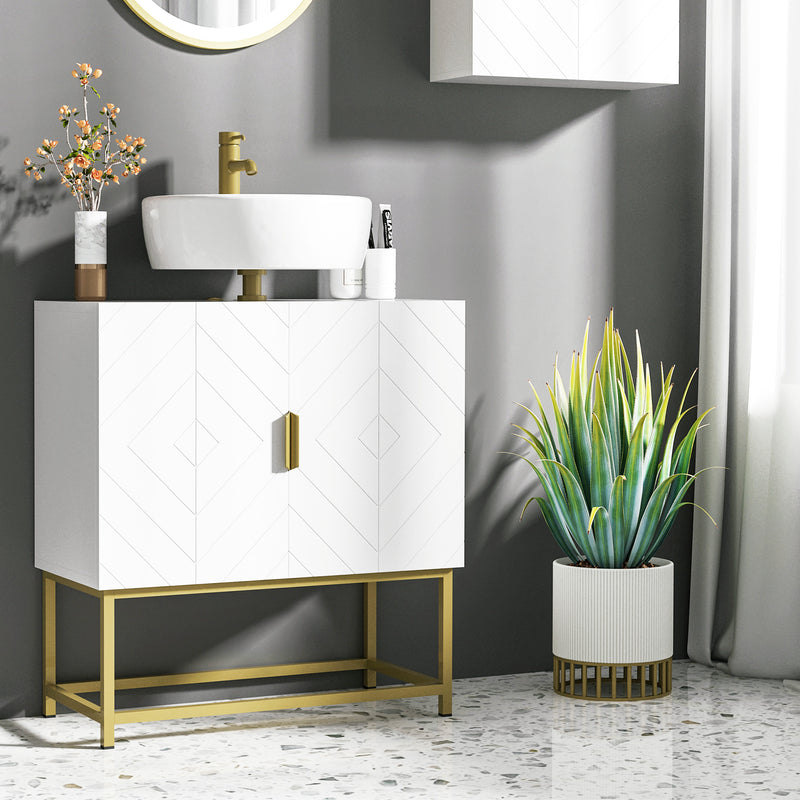 Mobile Sotto Lavabo Bagno 60x30x65 cm in Legno e Acciaio Bianco e Oro-2