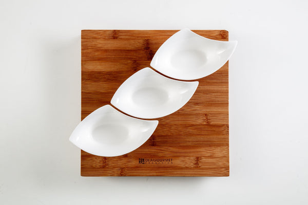 prezzo Kit Aperitivo Tagliere Legno Scuro 29x29x4 cm con 3 Bowl in Porcellana