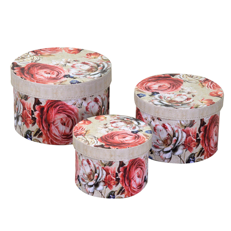 Set 3 Scatole in Similpelle fiori crema tondo -1