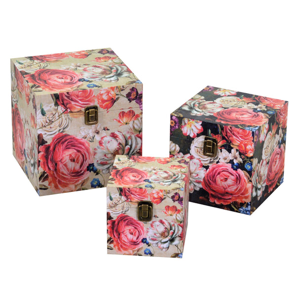 Set mit 3 Schachteln aus Kunstleder mit cremefarbenen Blumen sconto