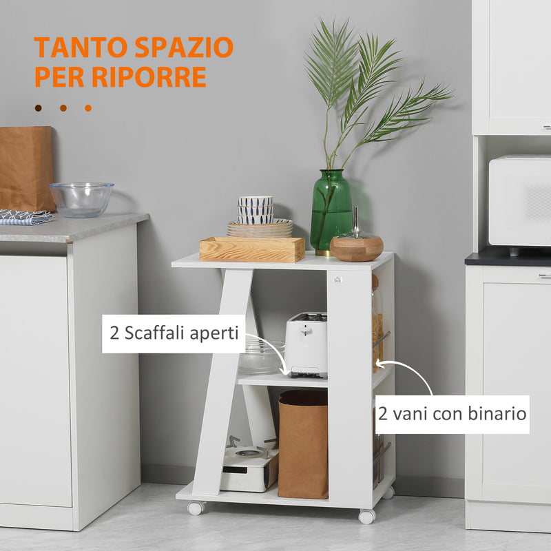 Carrello da Cucina Portavivande 60x38x77 cm 2 Ripiani e Ruote in Legno Bianco-4