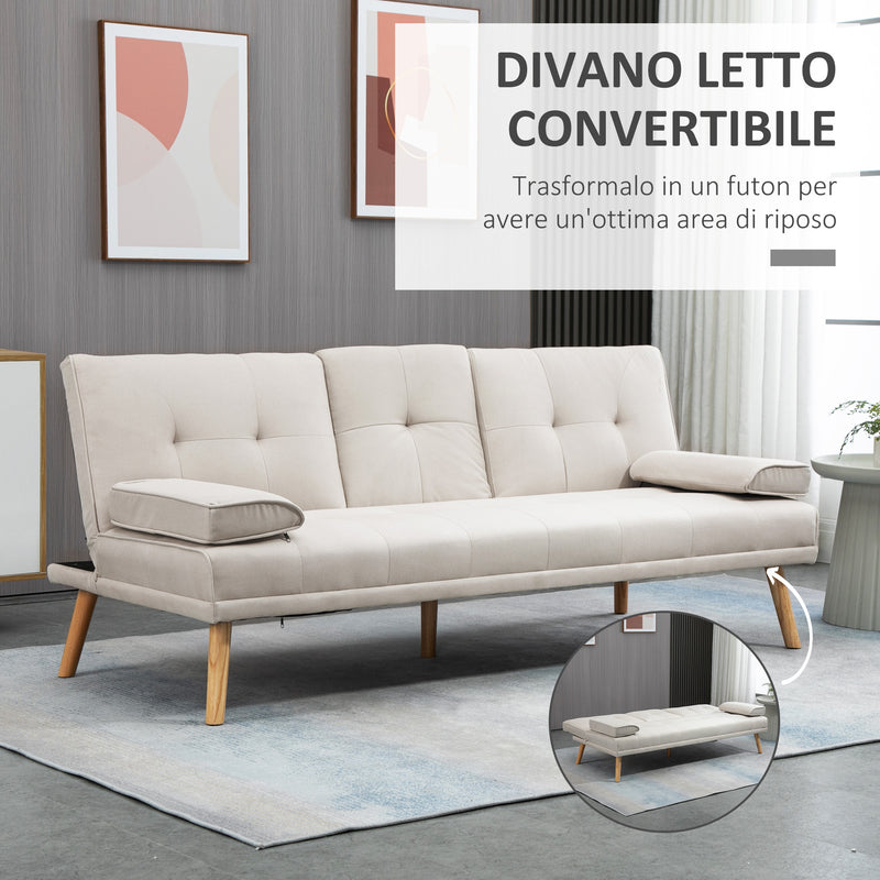 Divano Letto 3 Posti 181x77x78 cm in Tessuto Effetto Lino Beige-4