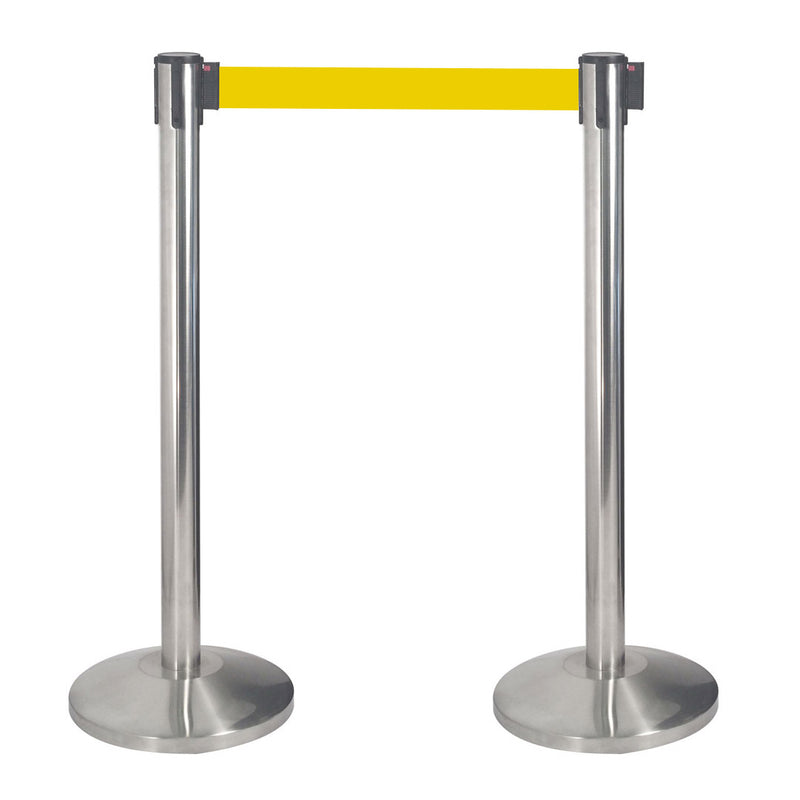 2 Colonnine Tendinastro 3 metri in Acciaio Inox Spazzolato Ø36x101 cm Nastro Giallo-1