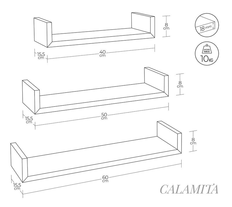 Set 3 Mensole da Parete 60-50-40x15,5x8 cm in Fibra di Legno Calamita Rosso-5